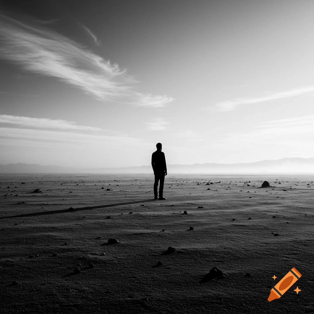 A lone man stands silhouetted in a vast, desolate black and white landscape under a cloudy sky.
