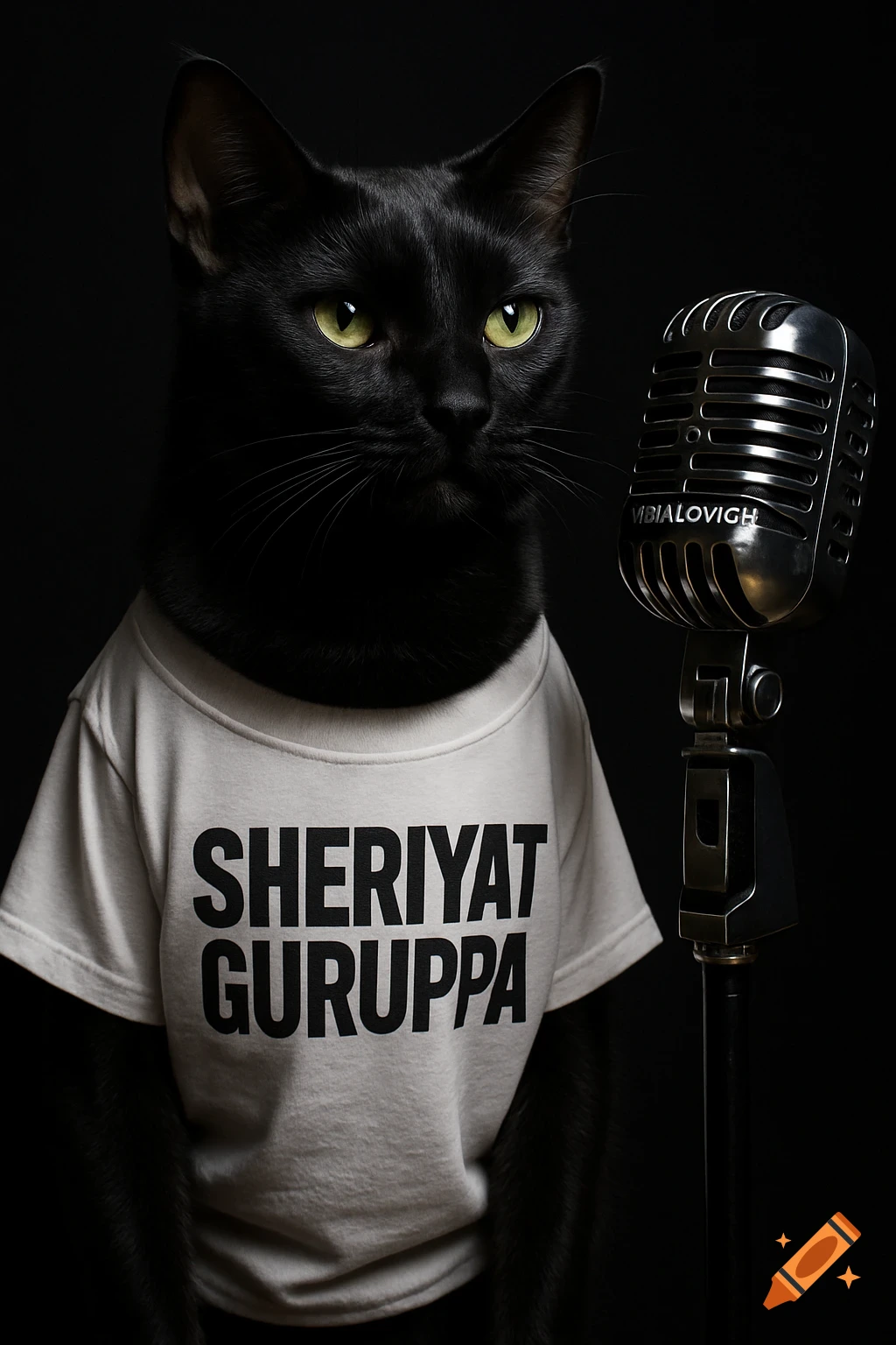 A serious black cat with green eyes wearing a white t-shirt that says "SHERIYAT GURUPPA" next to a vintage microphone on a dark background. Photorealistic style.