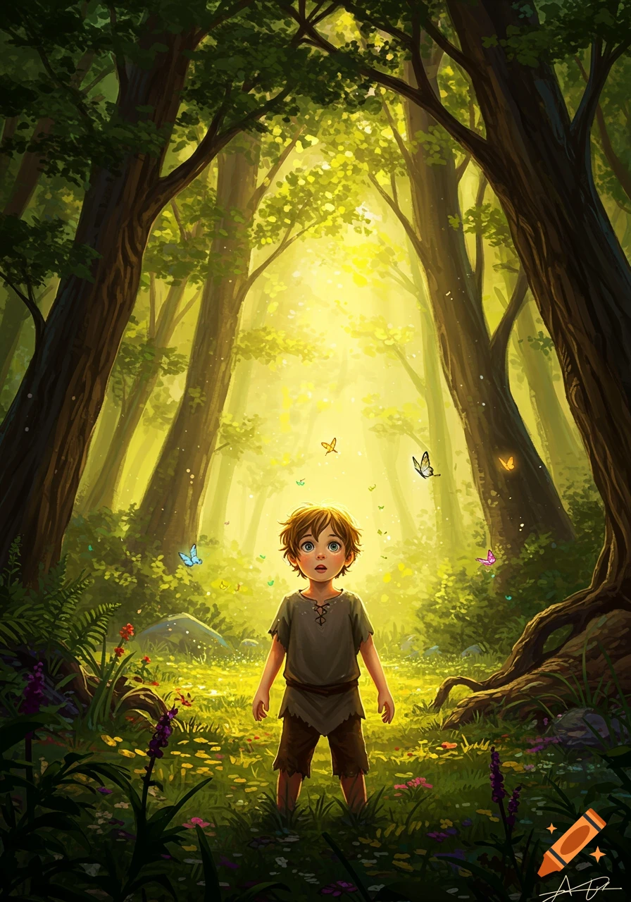 An illustrated image of a young boy standing in a magical, sunlit forest with butterflies flying around him.