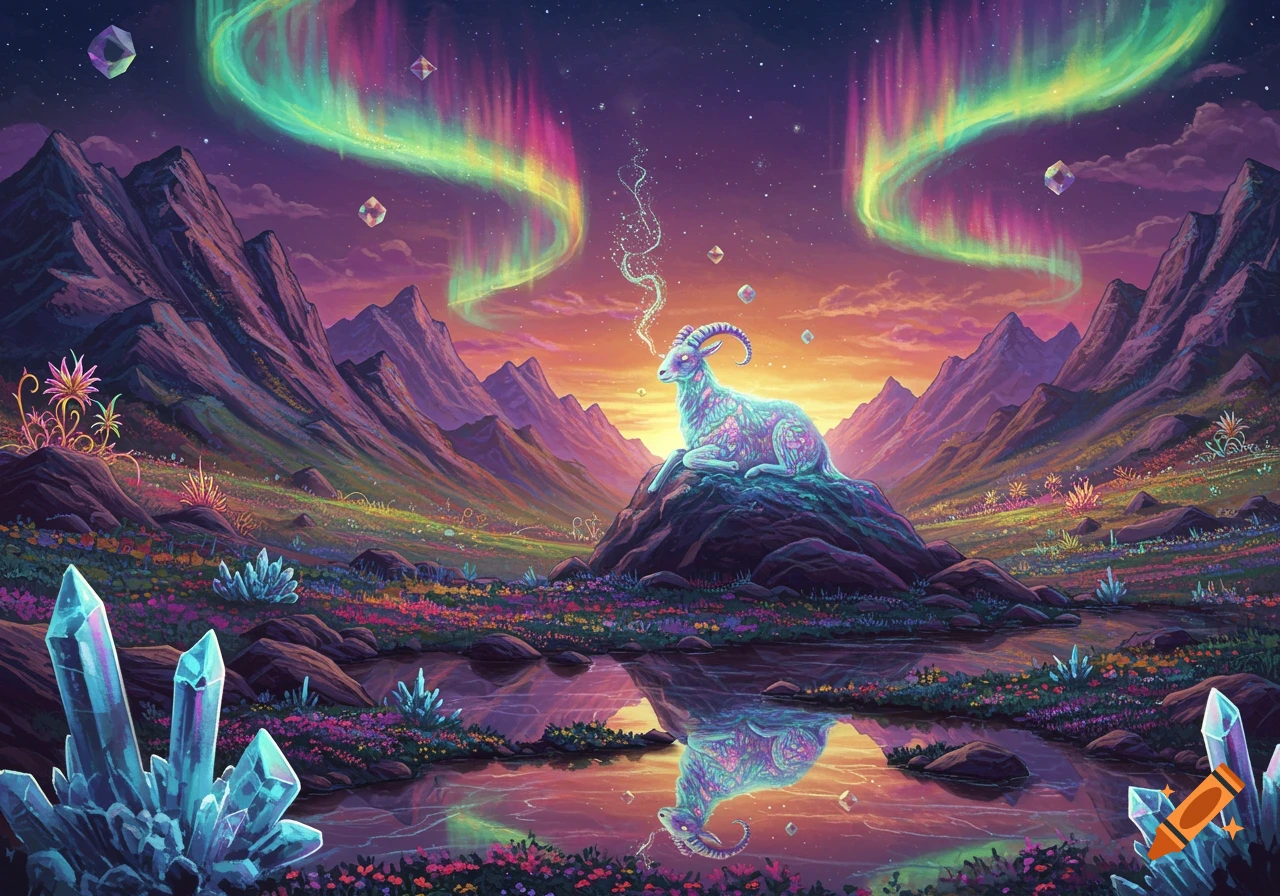 A vibrant, psychedelic landscape with a glowing, multi-colored goat on a rock, an aurora sky, and large crystals.