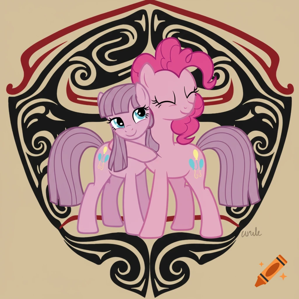 Two pink cartoon ponies, Pinkie Pie and Maud Pie, hugging in front of a red and black tribal crest.