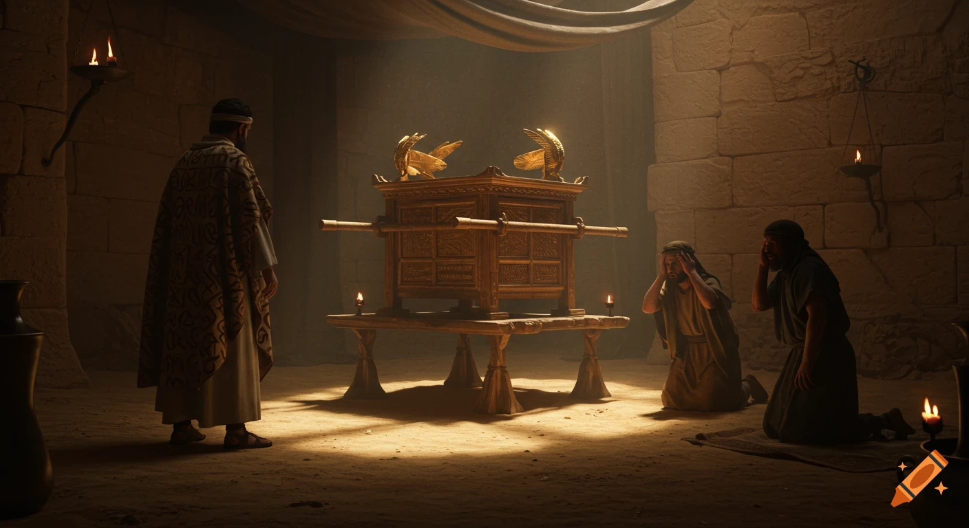 A golden Ark of the Covenant in a dimly lit ancient room, with a priest standing and two figures kneeling in fear. Dramatic, photorealistic style.
