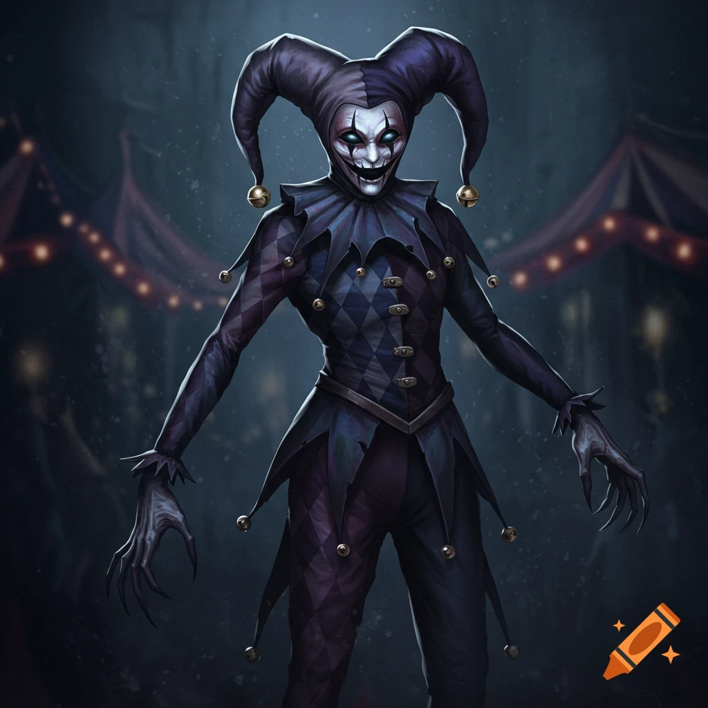 A creepy jester monster with dark harlequin outfit, glowing eyes, and sharp claws stands in a dark circus background, digital art.