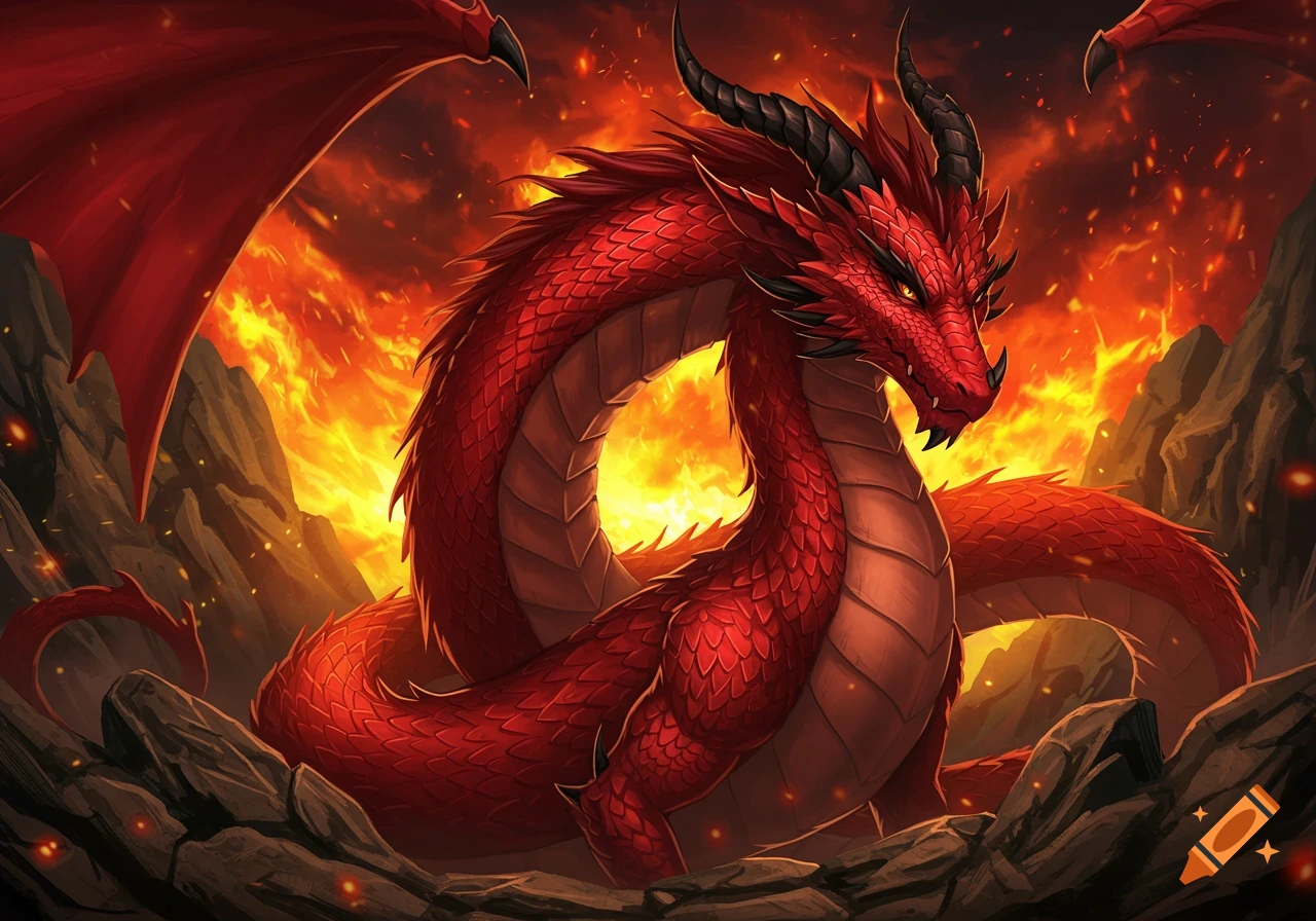 A red dragon with dark horns and yellow eyes coiled amidst fiery orange flames and dark rocks, in an anime style.