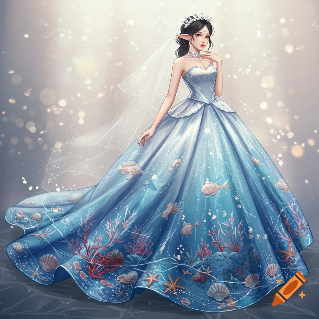 Anime girl in an elaborate blue wedding dress with an underwater ocean theme, featuring corals, shells, and fish.
