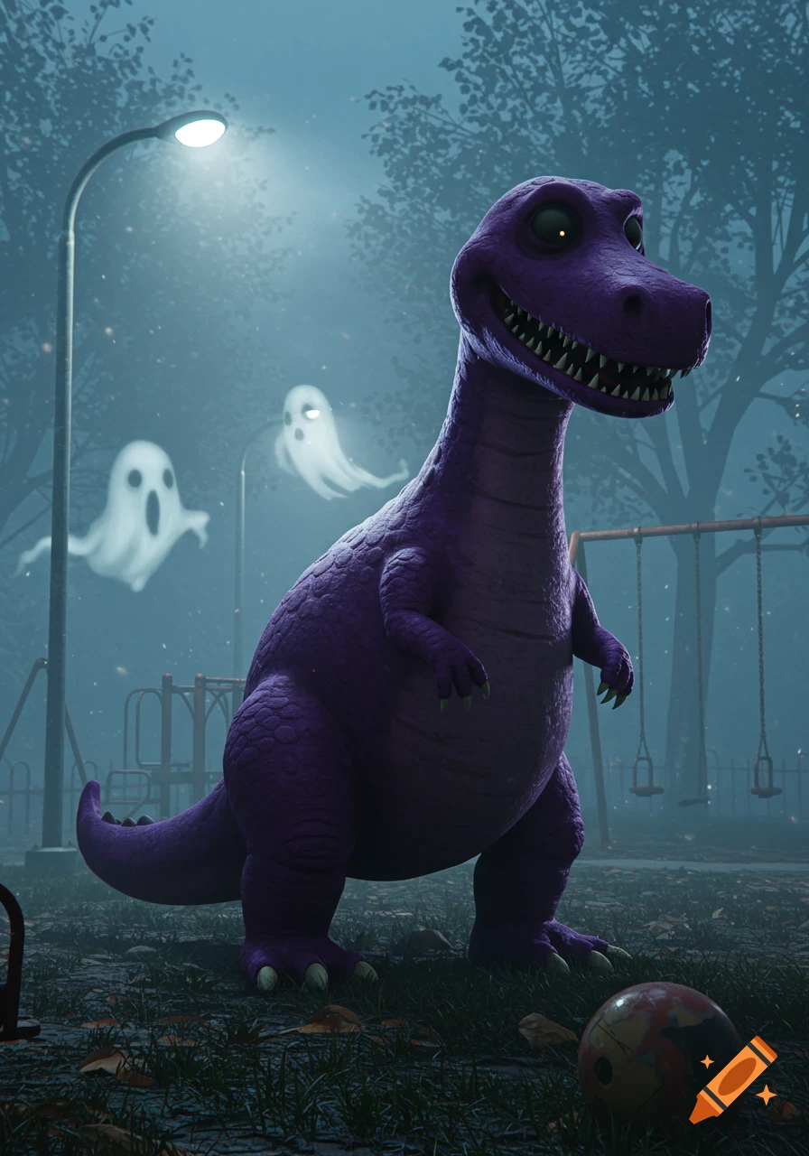 A creepy purple dinosaur with glowing eyes stands in a dark, foggy park at night, with two white ghosts floating nearby.