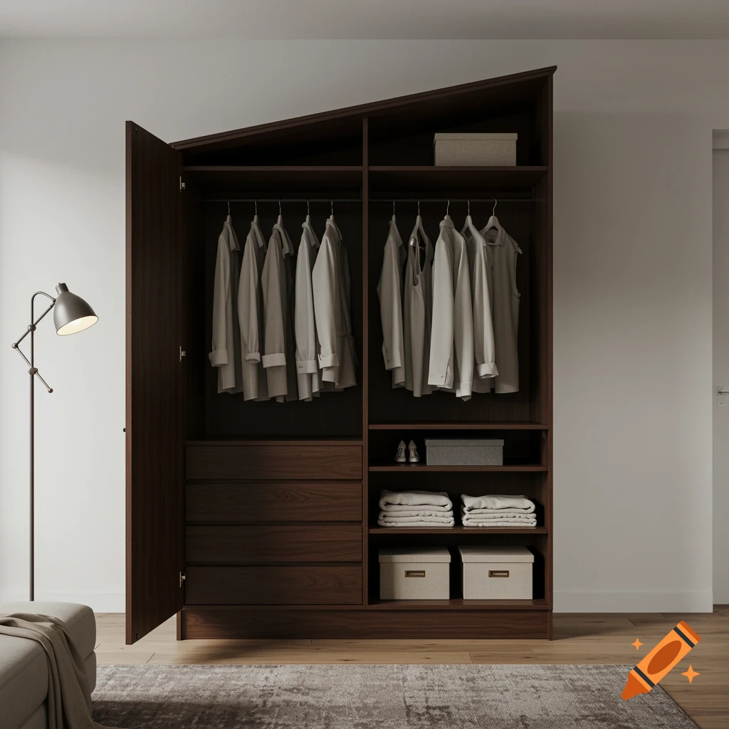Photorealistic image of an open dark wood wardrobe with hanging clothes, folded linens, and storage boxes in a modern room.