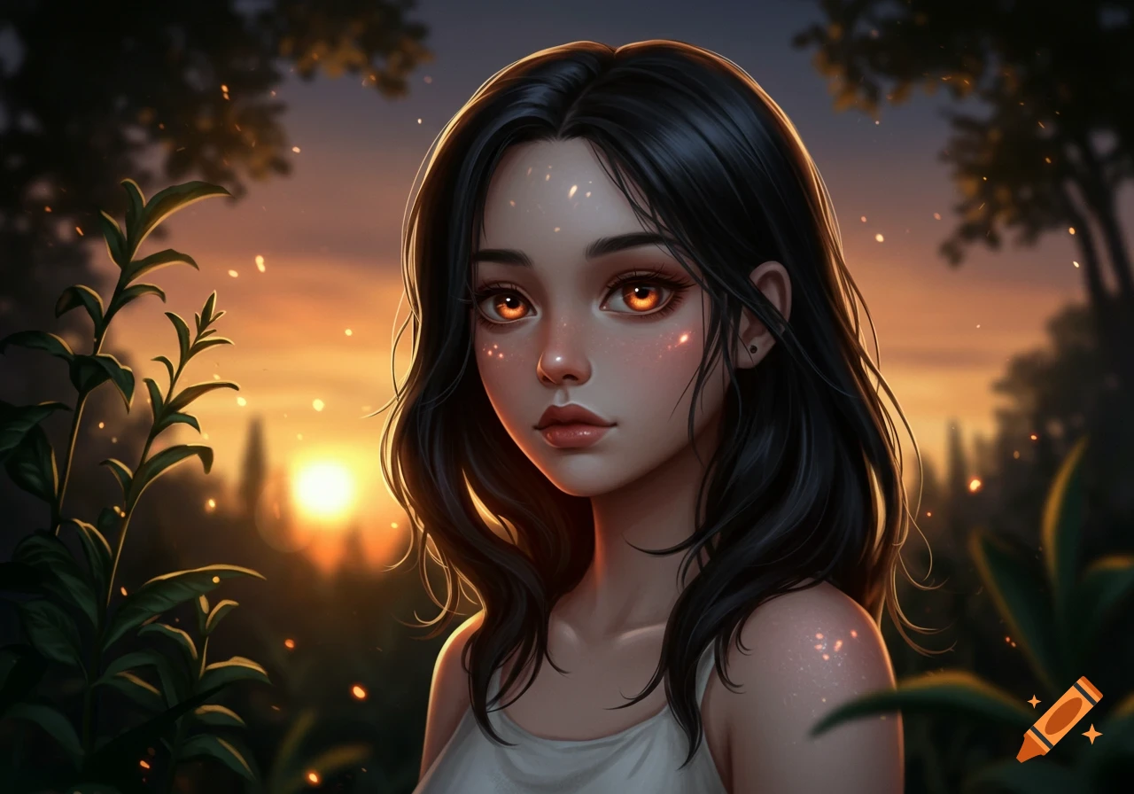 A stylized digital art portrait of a girl with dark hair and glowing orange eyes. She is in an outdoor setting during sunset with glowing embers.