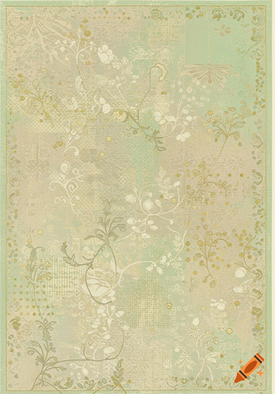 A muted green and beige abstract floral pattern with swirling vines and dotted elements, framed by a delicate border.