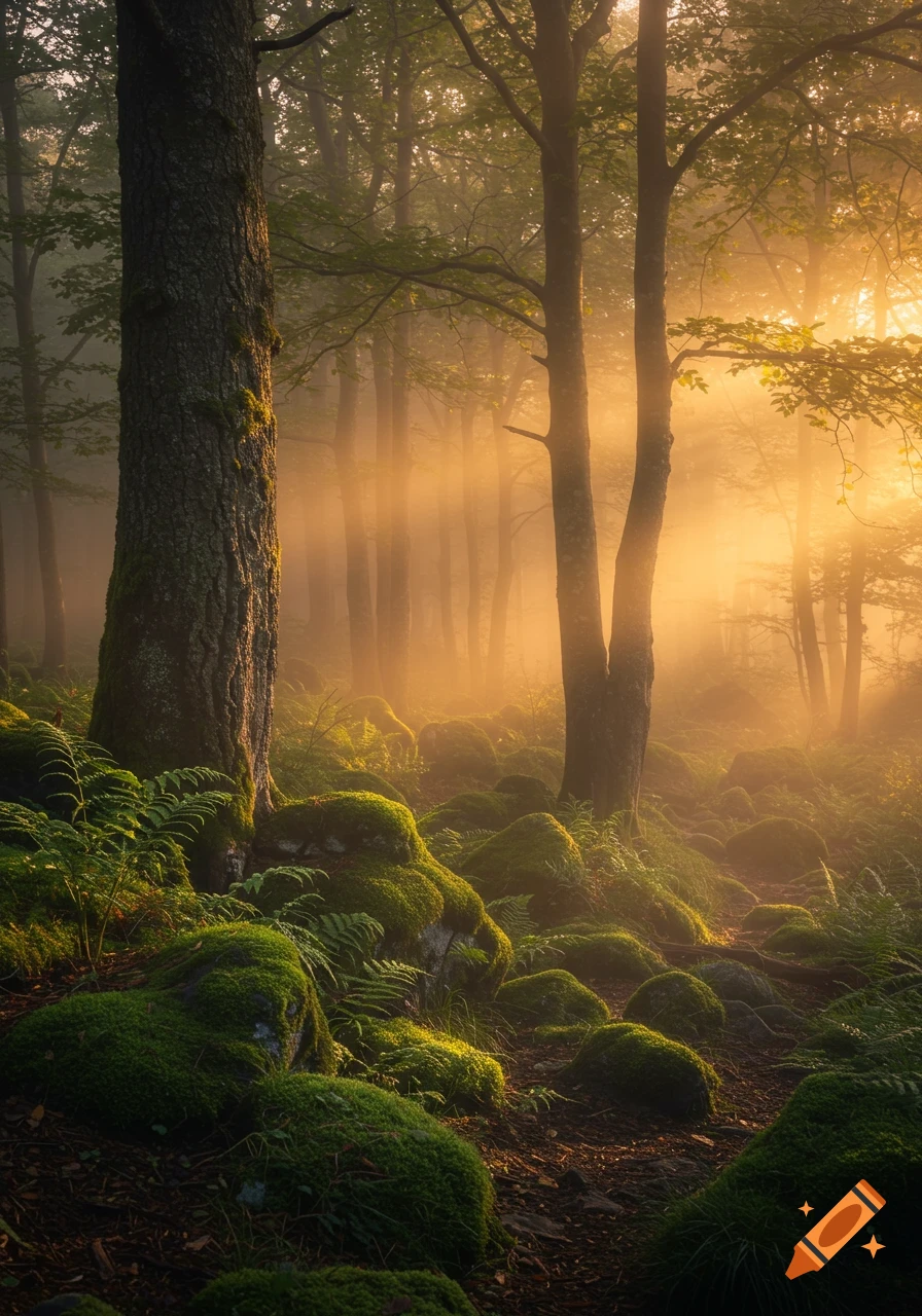 Misty forest with sun rays breaking through trees and illuminating moss-covered rocks.