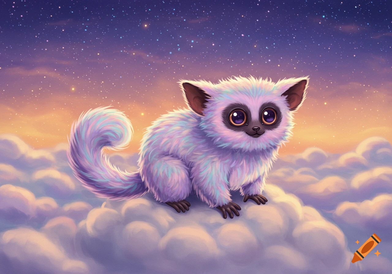 A fluffy, purple and blue cartoon creature with big eyes sits on clouds under a starry sunset sky.