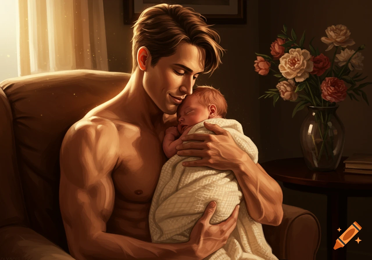 A handsome, muscular man cradles a sleeping newborn baby in a warm, digitally painted scene.