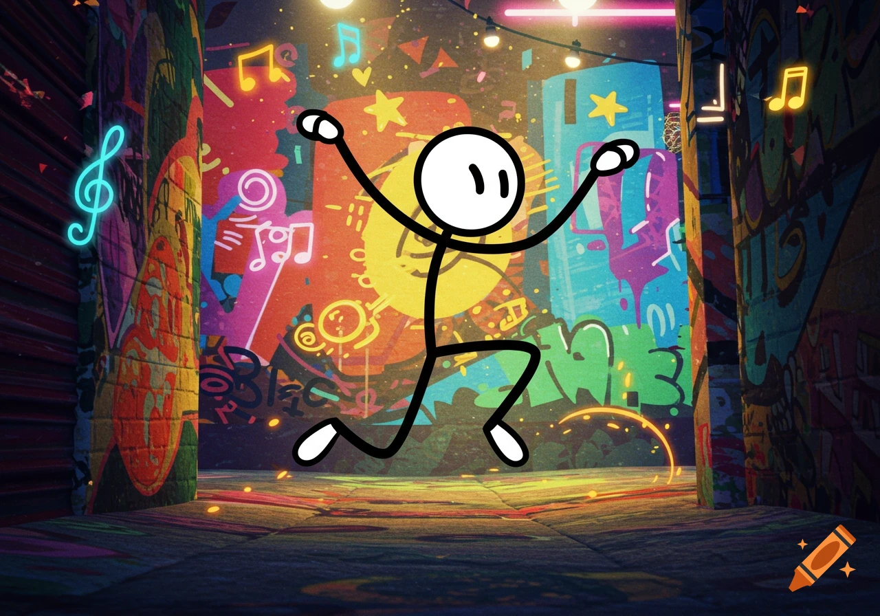 A cartoon stickman with arms raised, jumping or dancing in a vibrant graffiti-covered alleyway with neon musical notes and string lights.