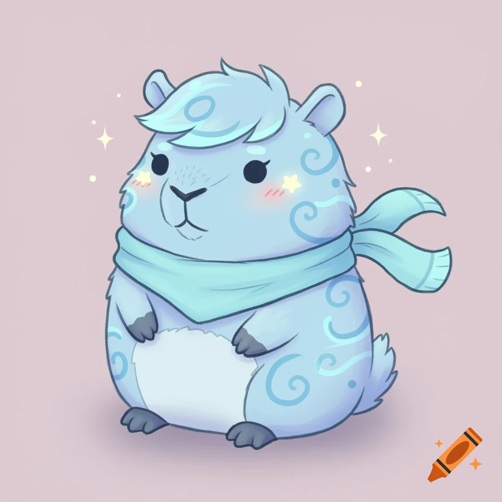 A cute light blue plush animal, possibly a capybara, with turquoise swirls and sparkly cheeks, wearing a blue scarf.