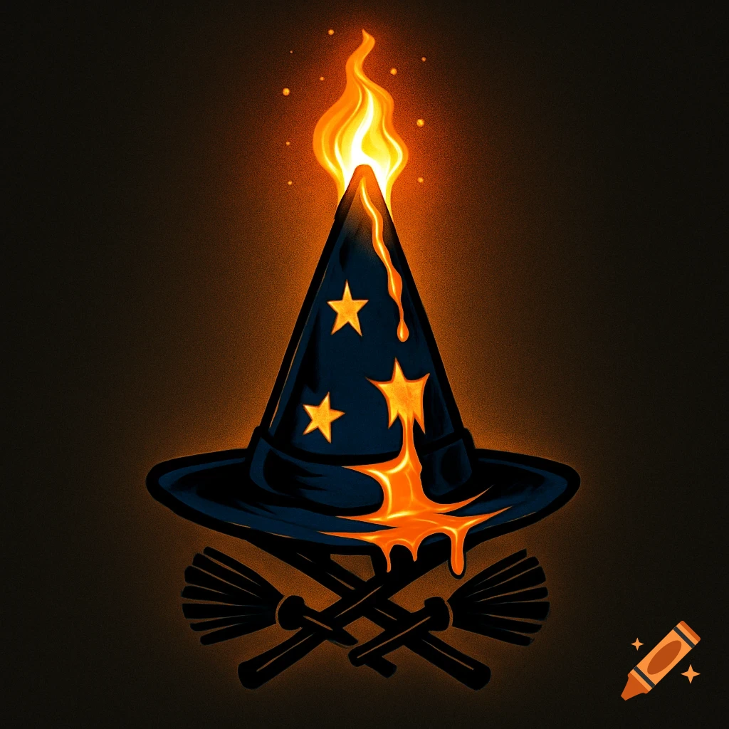 A dark wizard hat with golden stars and a bright flame on its tip, melting into orange liquid. Two brooms are crossed beneath it, all against a dark background in a logo style.