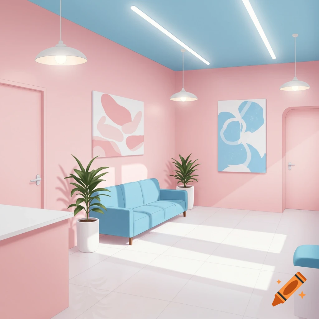 A pastel pink and blue doctor's clinic waiting room with a blue couch, potted plants, and abstract art.