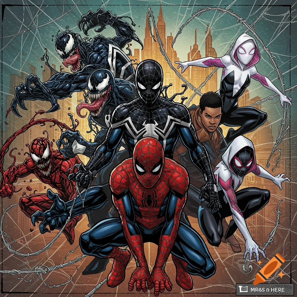 Dynamic comic art of Spider-Man, Black Suit Spider-Man, Venom, Carnage, Miles Morales, and Spider-Gwen against a city background.