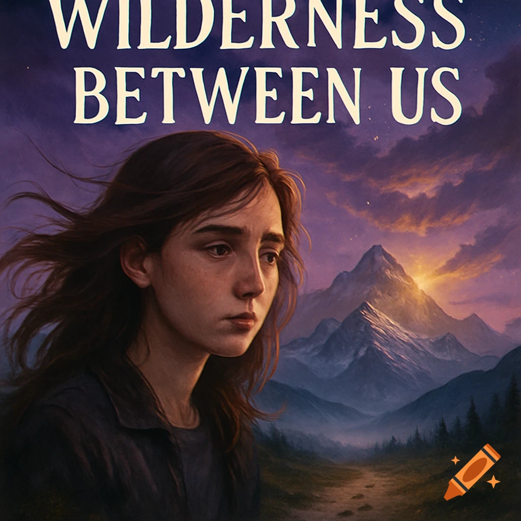 A girl with flowing brown hair gazes away, with snowy mountains and a path under a vibrant sunset sky. Title: WILDERNESS BETWEEN US.