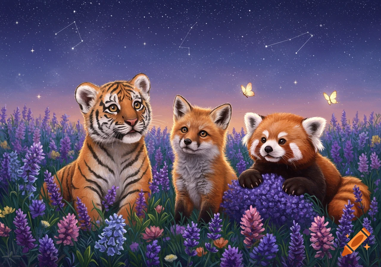 Illustrated baby tiger, fox, and red panda in a lavender field under a starry night sky with butterflies.