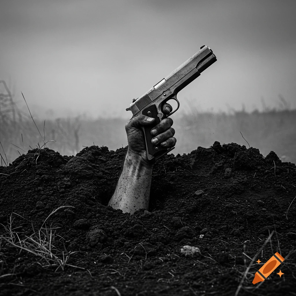 A dirty hand emerges from a mound of dark soil, firmly gripping a pistol, in a stark black and white photorealistic image.