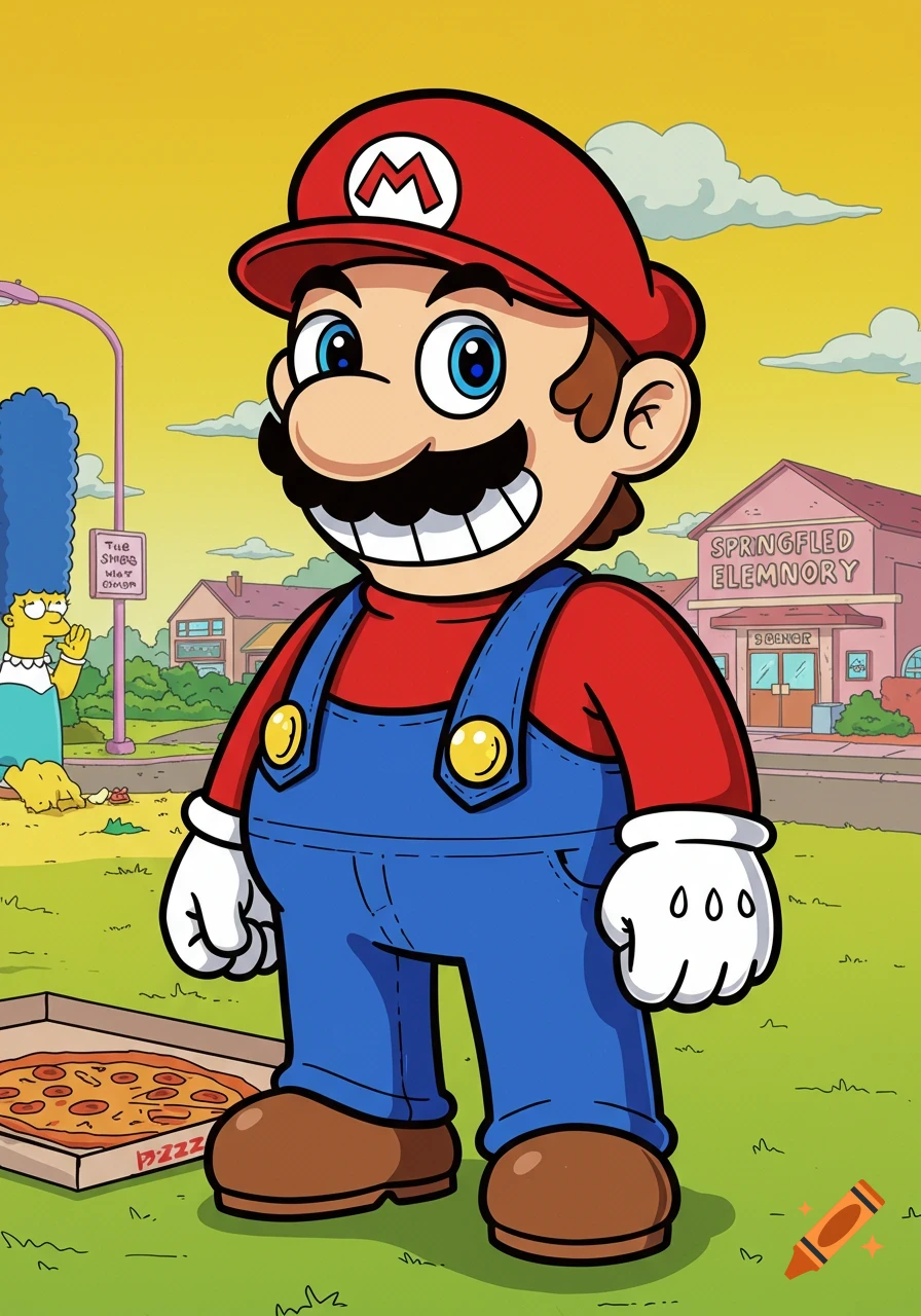 A cartoon illustration in The Simpsons style features Mario standing in a suburban neighborhood with Marge Simpson and a school building in the background. Mario wears his classic red cap, red shirt, and blue overalls, with a wide smile.