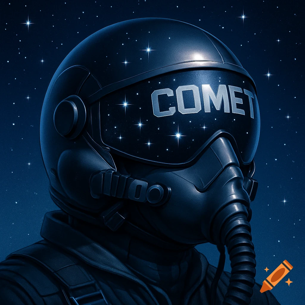 Close-up of a dark military fighter pilot helmet with the word "COMET" on its visor, against a starry dark blue background.