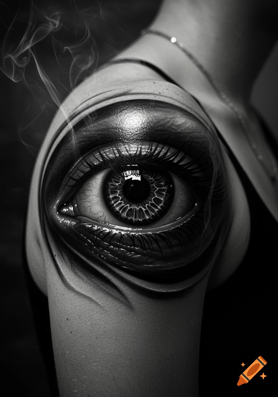 A detailed black and white tattoo of a realistic eye on a shoulder, with smoke rising.