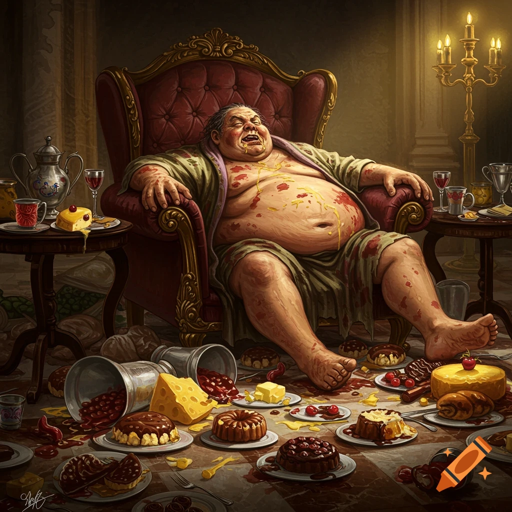 A heavily overweight man in a dressing gown lies uncomfortably in a large armchair, surrounded by overturned plates and cakes strewn across the floor, covered in food stains.