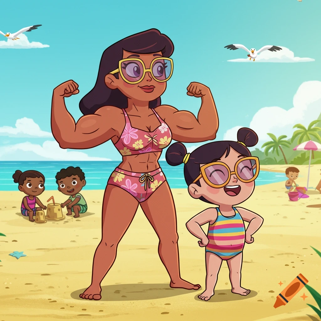 Cartoon mother flexes muscles next to her daughter at a sunny beach with other children playing.