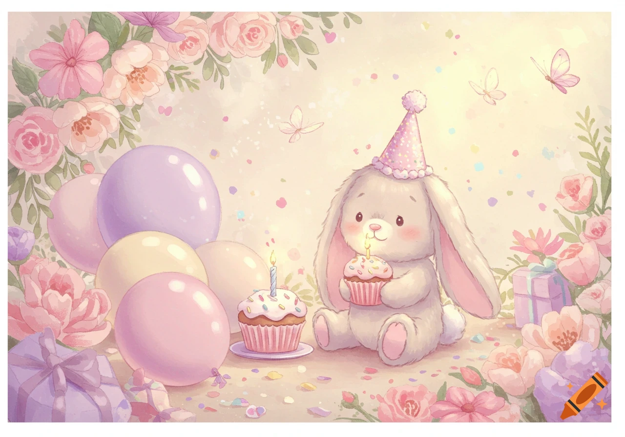 A cute white bunny in a party hat holding a cupcake, surrounded by pastel balloons, gifts, and flowers in a watercolor style.