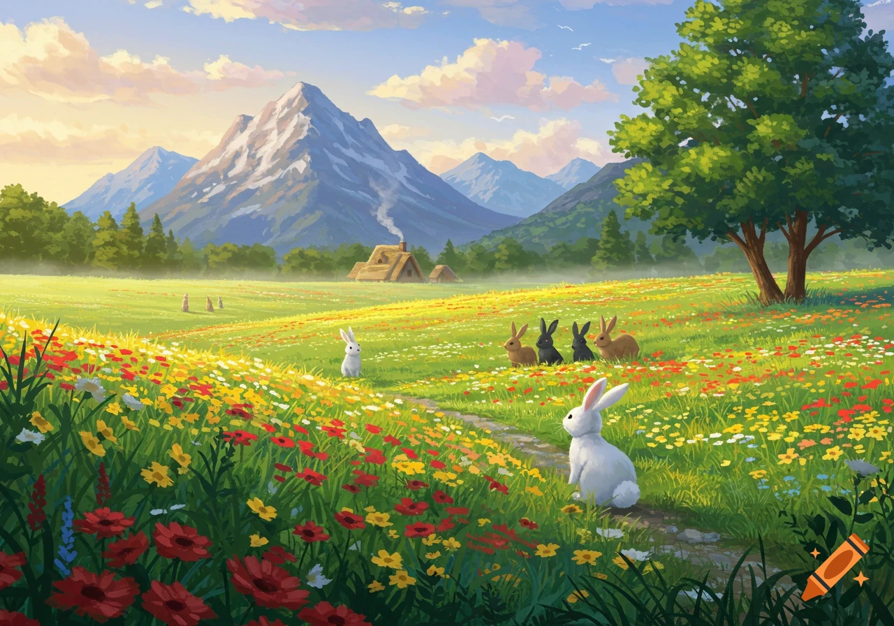White and brown rabbits in a colorful flower field with a cottage and mountains under a blue sky, in an illustrated style.