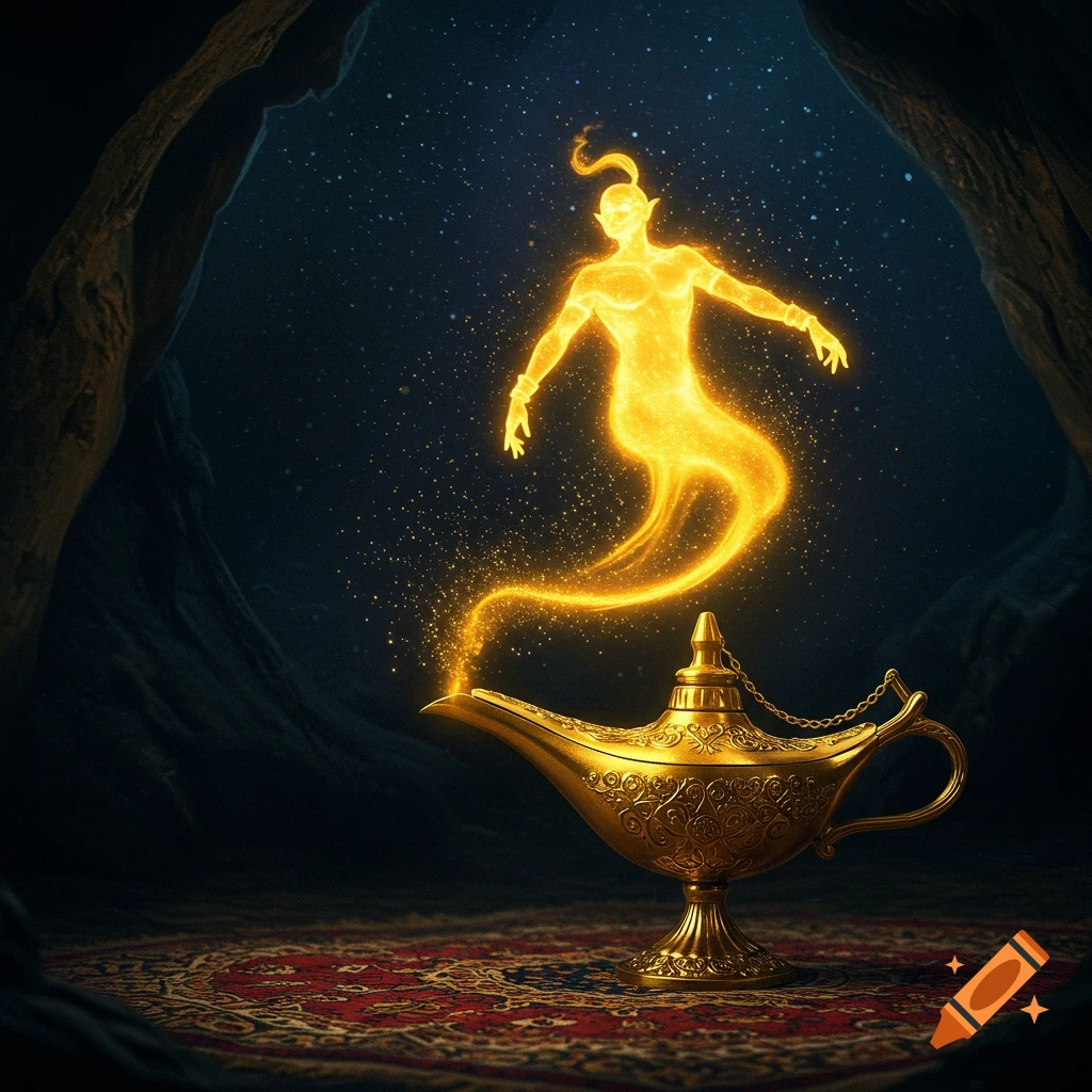 A glowing golden genie emerges from an ornate golden lamp on a patterned rug within a dark, starry cave.