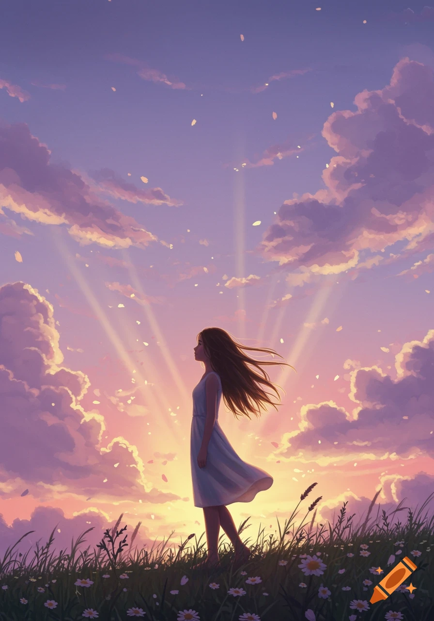 An anime-style illustration of a girl standing in a grassy field with flowers, looking at a beautiful sunset sky with pink and purple clouds and light rays.