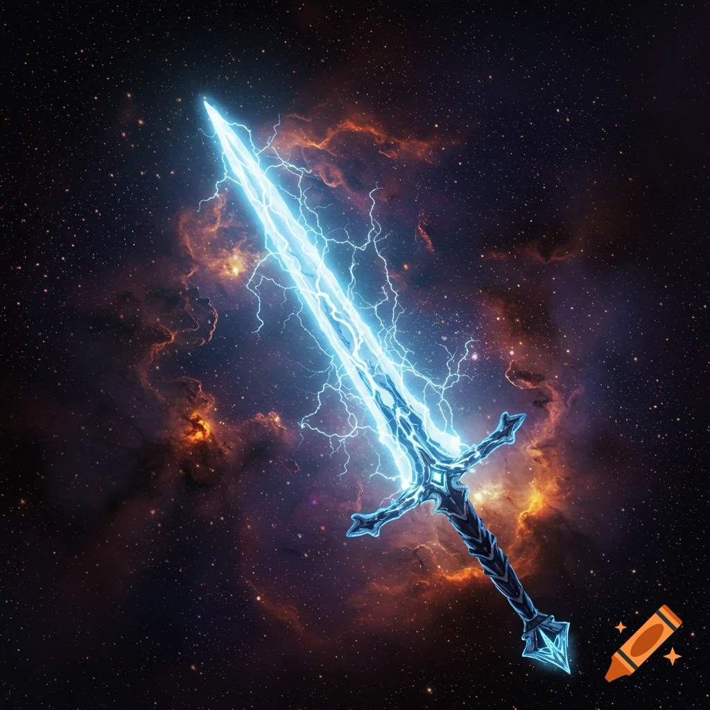 A glowing blue lightning sword against a backdrop of stars and colorful cosmic nebulae.