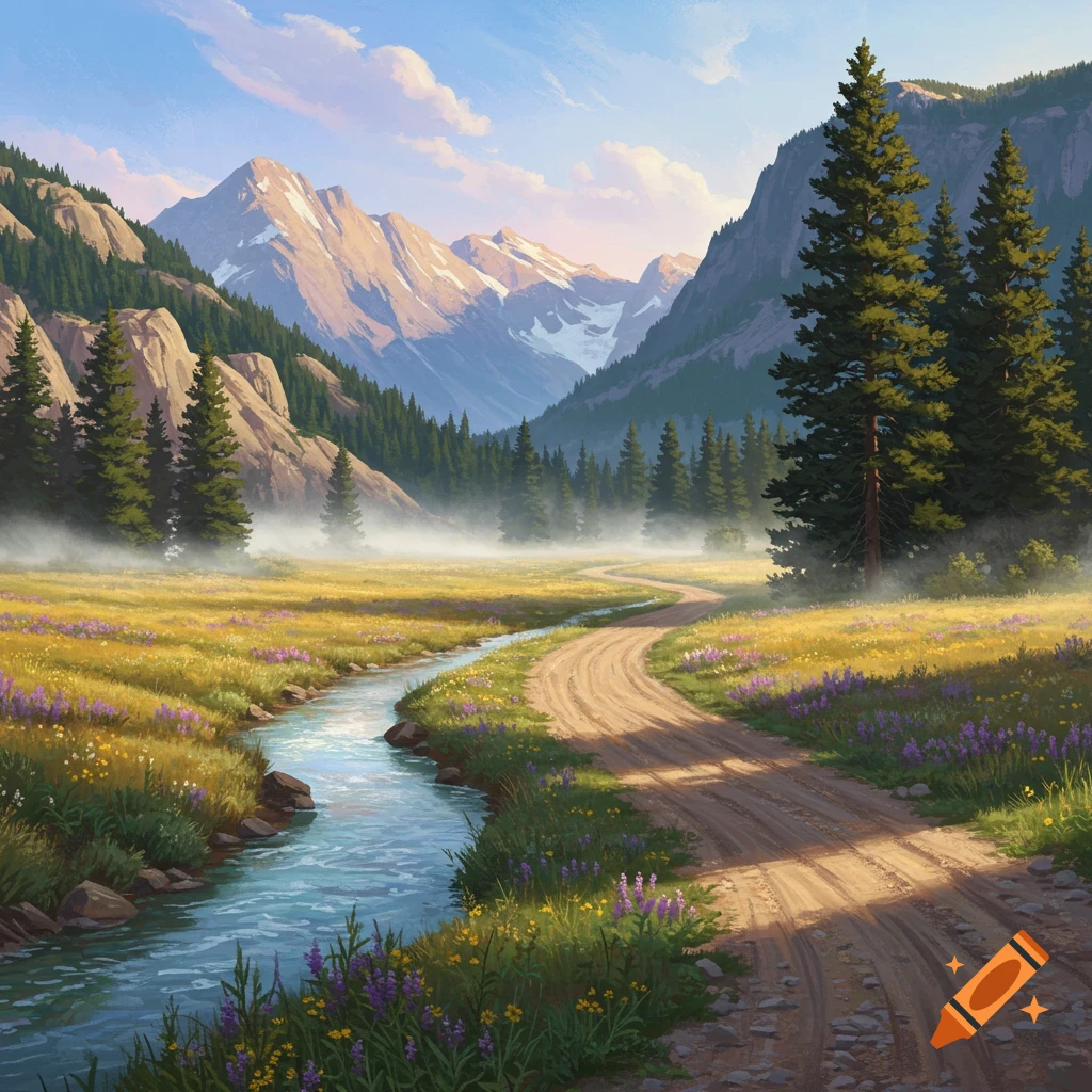 A serene painting of a winding dirt road and a river through a meadow with purple and yellow flowers, surrounded by pine forests and snow-capped mountains under a clear blue sky.