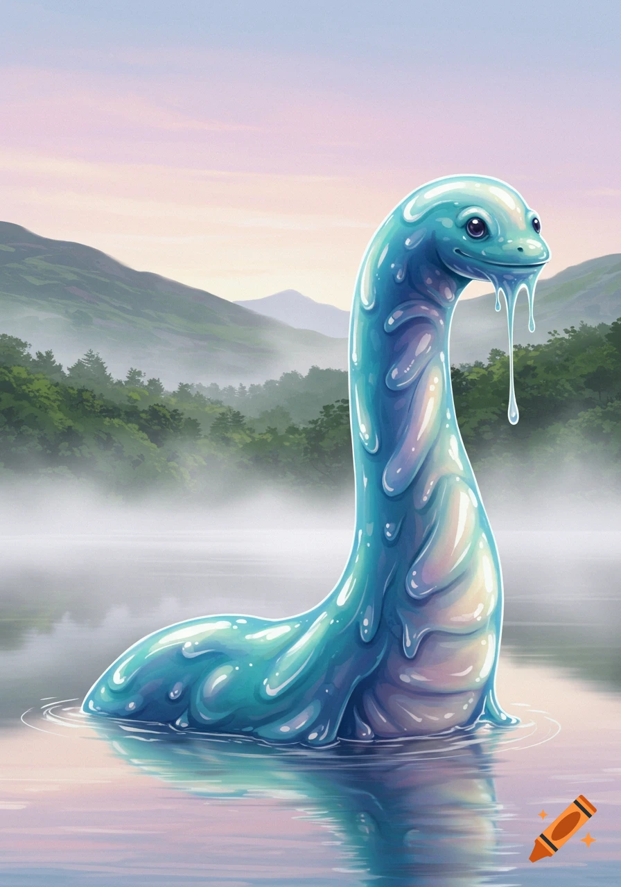 A cute, goopy blue Loch Ness monster emerges from a misty lake with mountains in the background, in an illustrative style.
