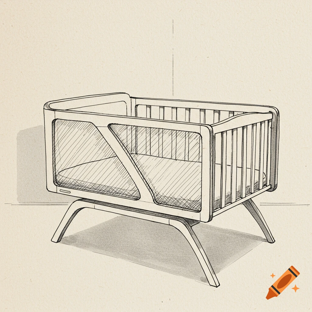 A line drawing sketch of a modern bedside sleeper or baby crib with one end slightly lower, on a textured paper background.
