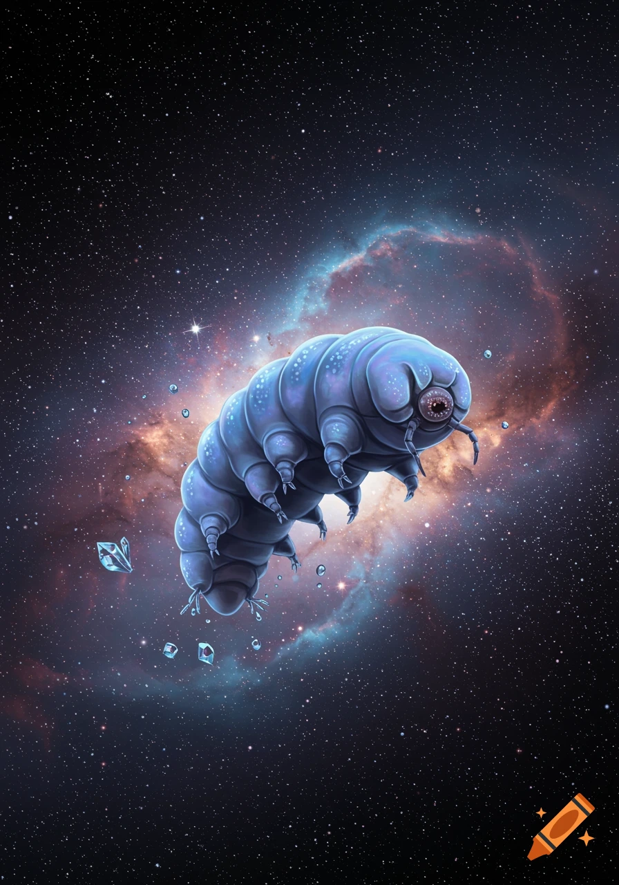 A blue tardigrade floats among stars and a colorful nebula in space.