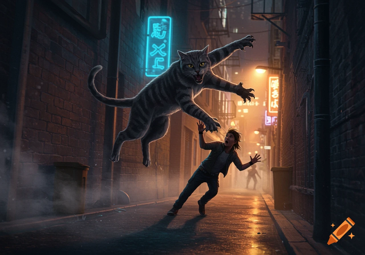 A giant, grey tabby cat with glowing yellow eyes attacks a person in a dark, neon-lit city alley at night, in a dynamic illustration.