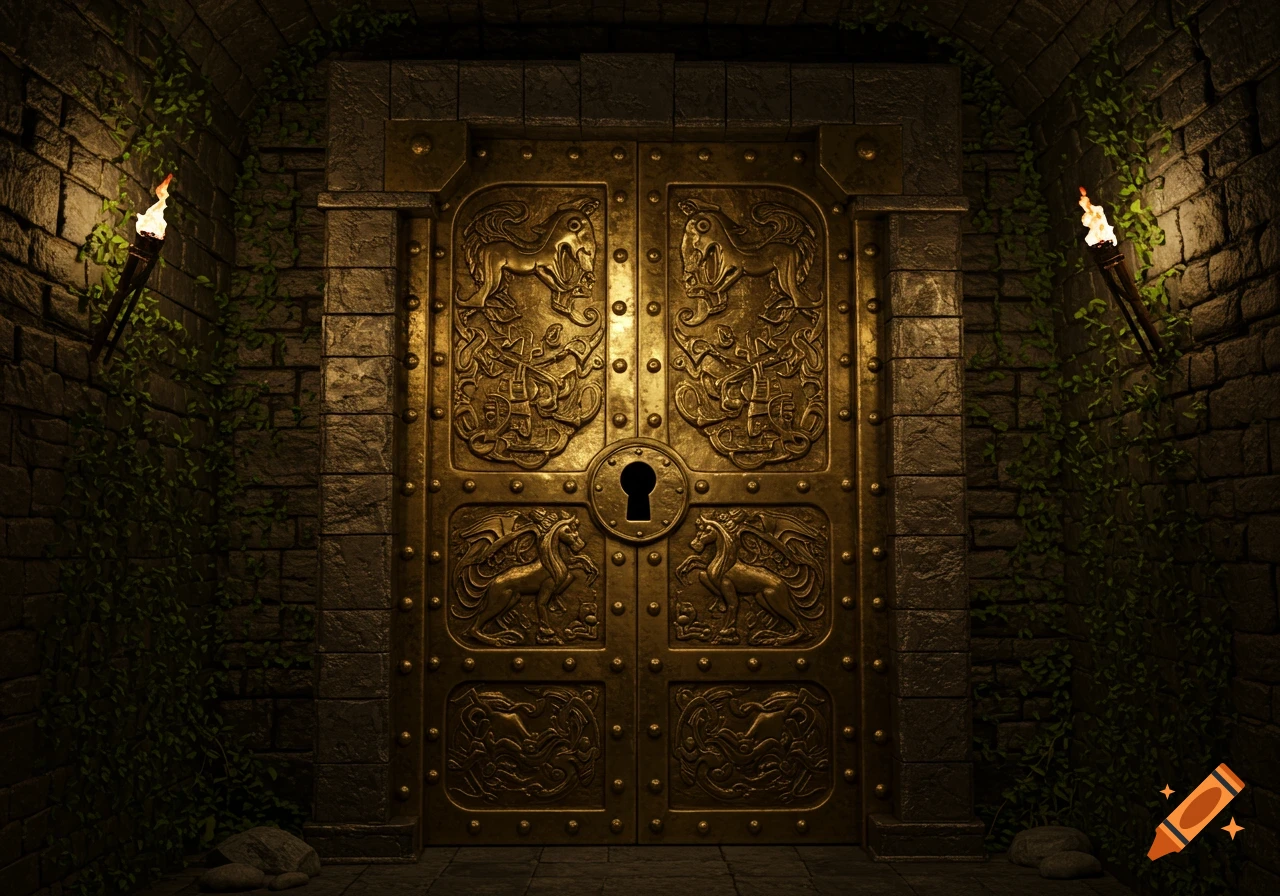 A grand brass dungeon door with mythical creature carvings and a keyhole, flanked by torchlit stone walls covered in ivy.