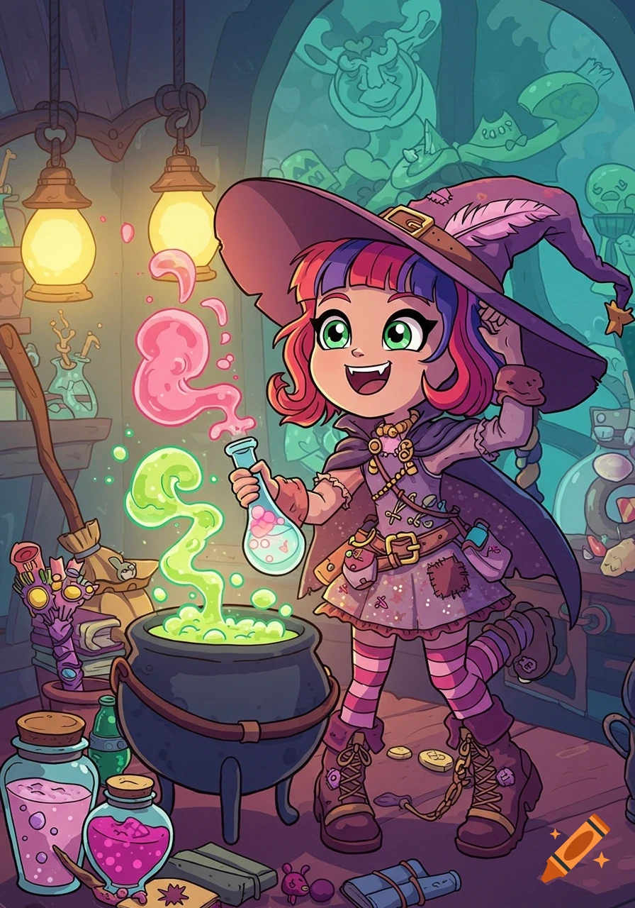 A cute young witch with pink and purple hair smiles while mixing a bubbling green potion in a cauldron in her magical lab. Cartoon style.