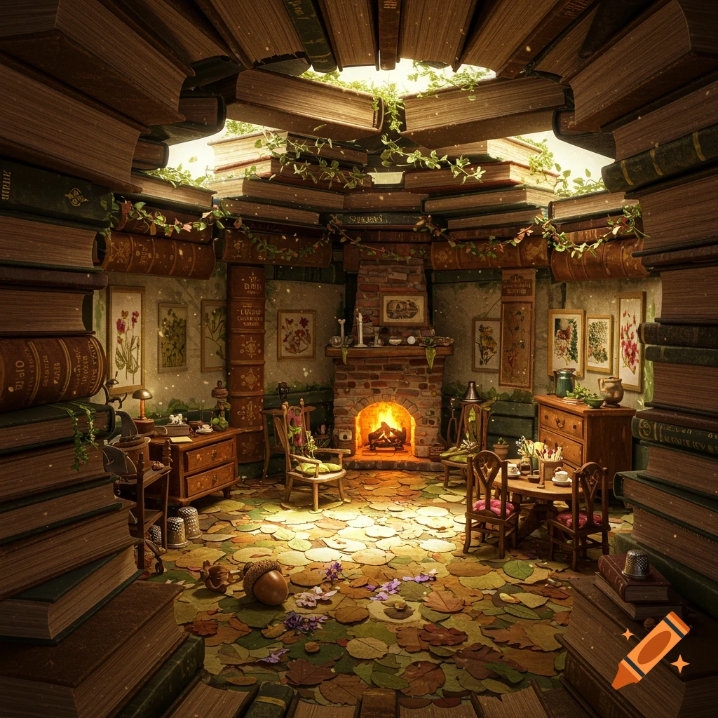 A cozy fantasy room made entirely of books, with a fireplace, furniture, and leaves on the floor.