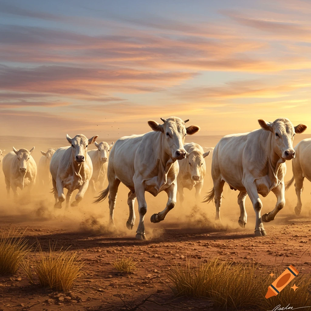 White cattle running through dusty terrain under a dramatic sky.