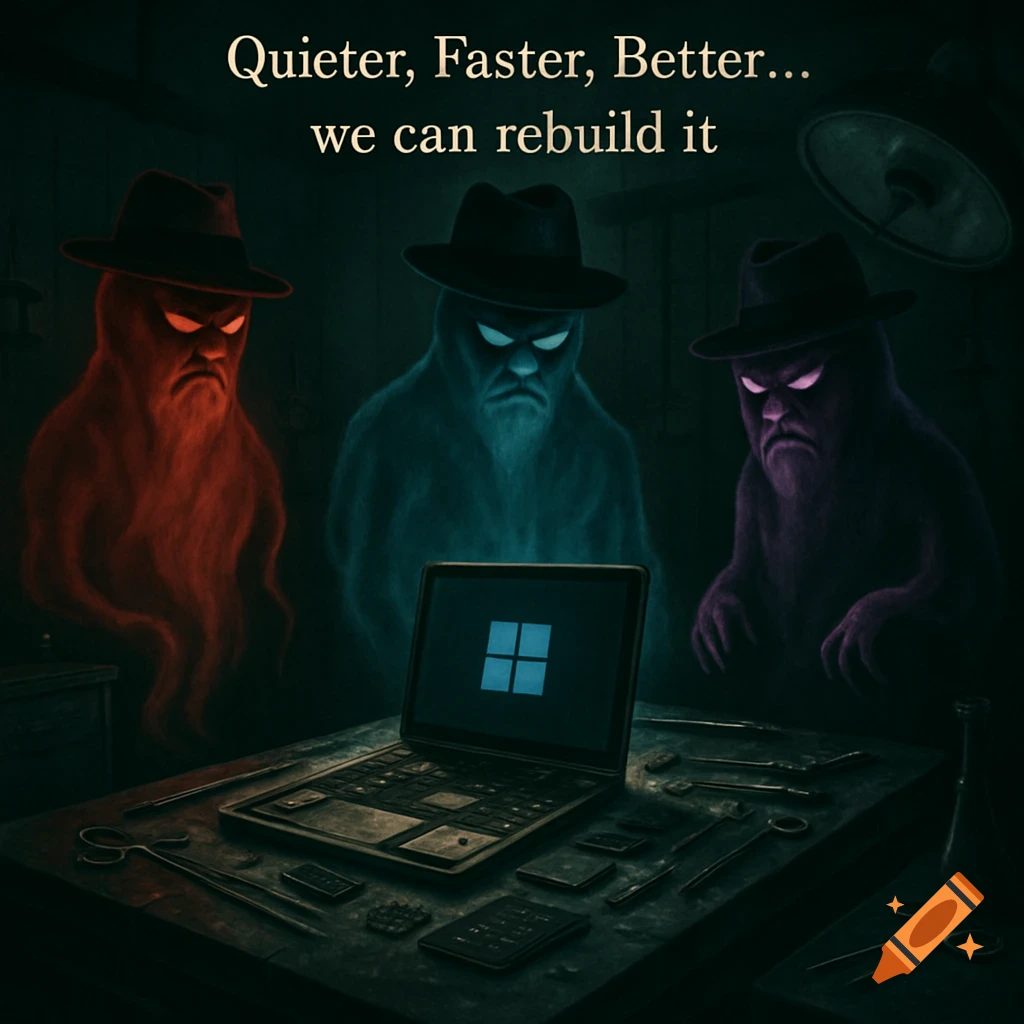 Three stern, glowing ghosts in fedoras surround a laptop and surgical tools in a dark room. Text: Quieter, Faster, Better... we can rebuild it.