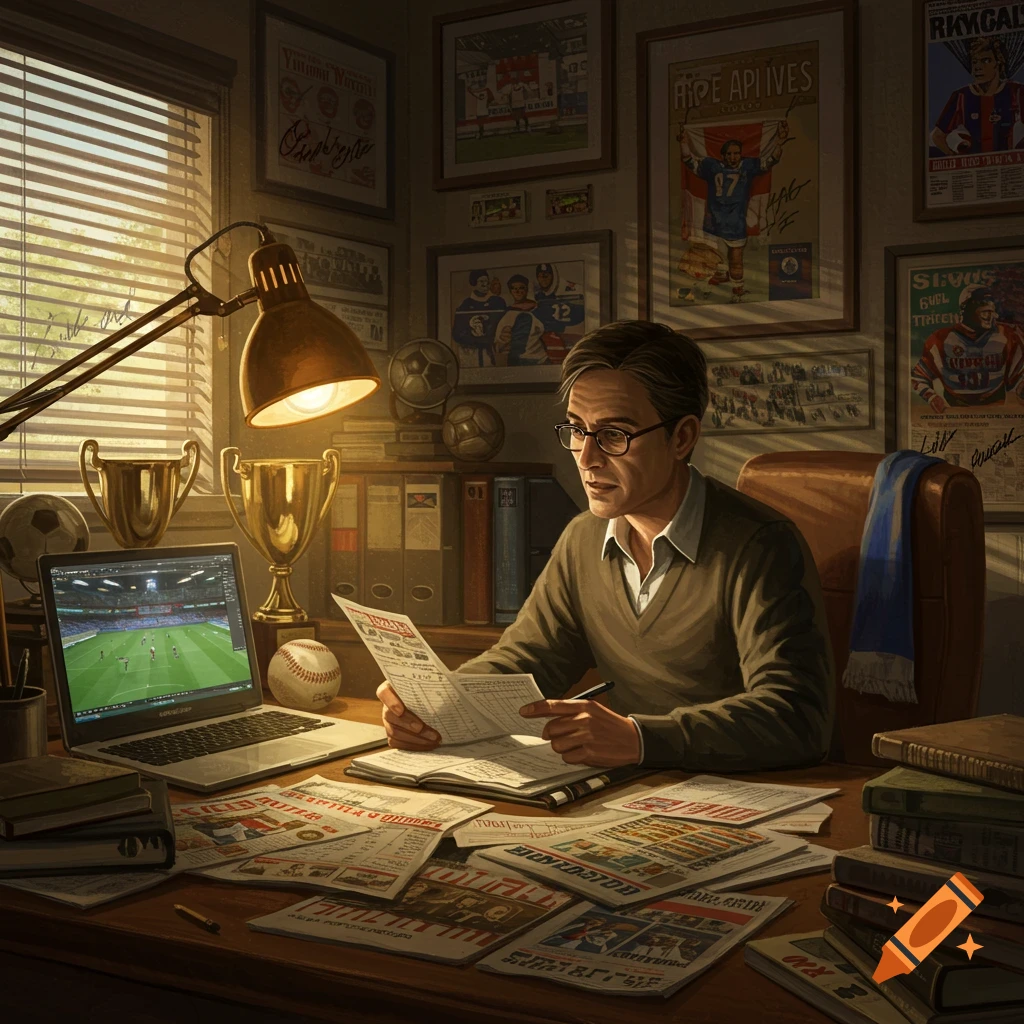 A man sits at a desk in a cluttered office with sports memorabilia, reading papers, and looking at a laptop displaying a soccer match, illuminated by a desk lamp.