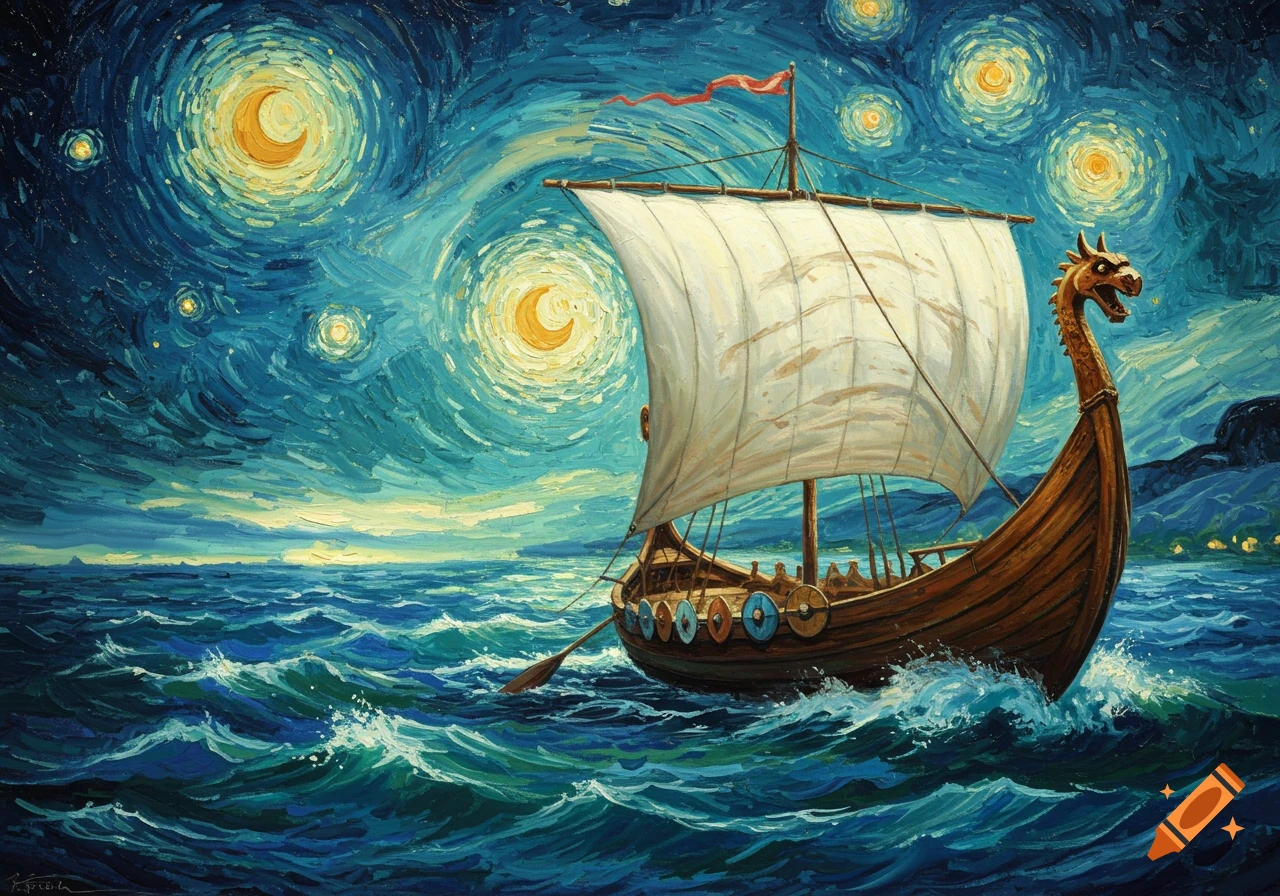 A Viking longship sails on a wavy sea under a swirling starry night sky with crescent moons, in Van Gogh's impasto style.