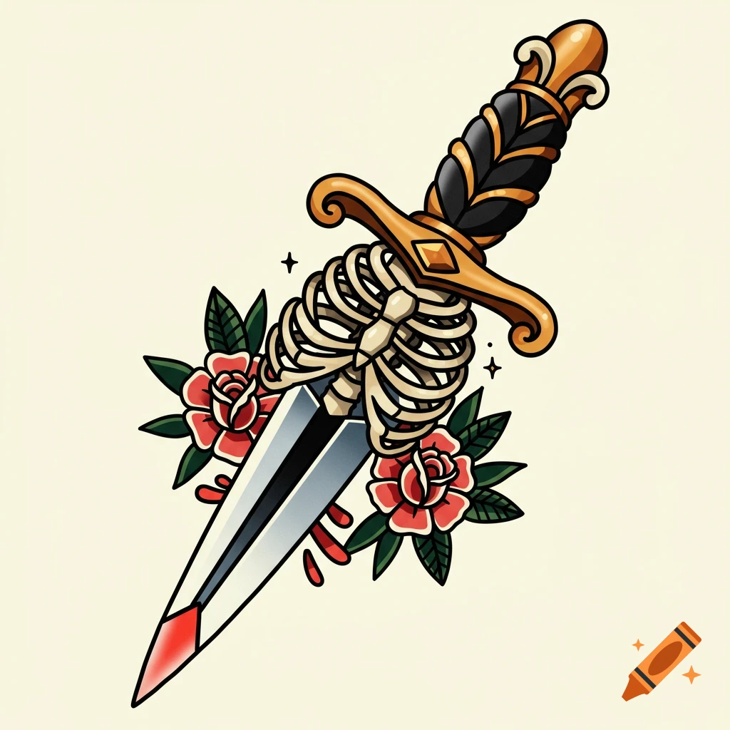 A traditional American tattoo style illustration of a dagger with a skeleton ribcage as its hilt, surrounded by red roses and blood drops.