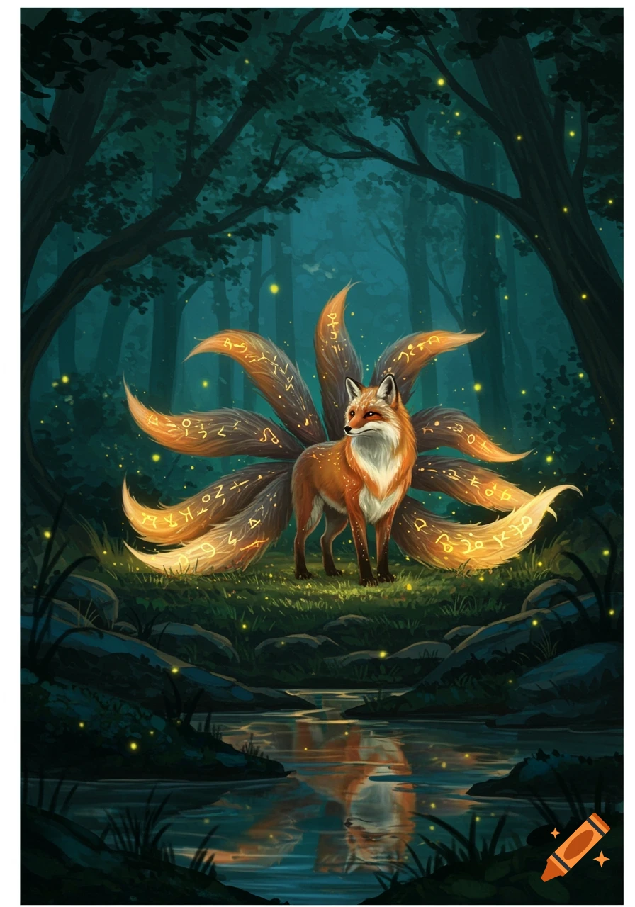 A nine-tailed fox, or Kitsune, with glowing, runic symbols on its tails, stands by a reflective stream in a mystical, dark forest under a moonlit sky. The illustration style is vibrant and magical.