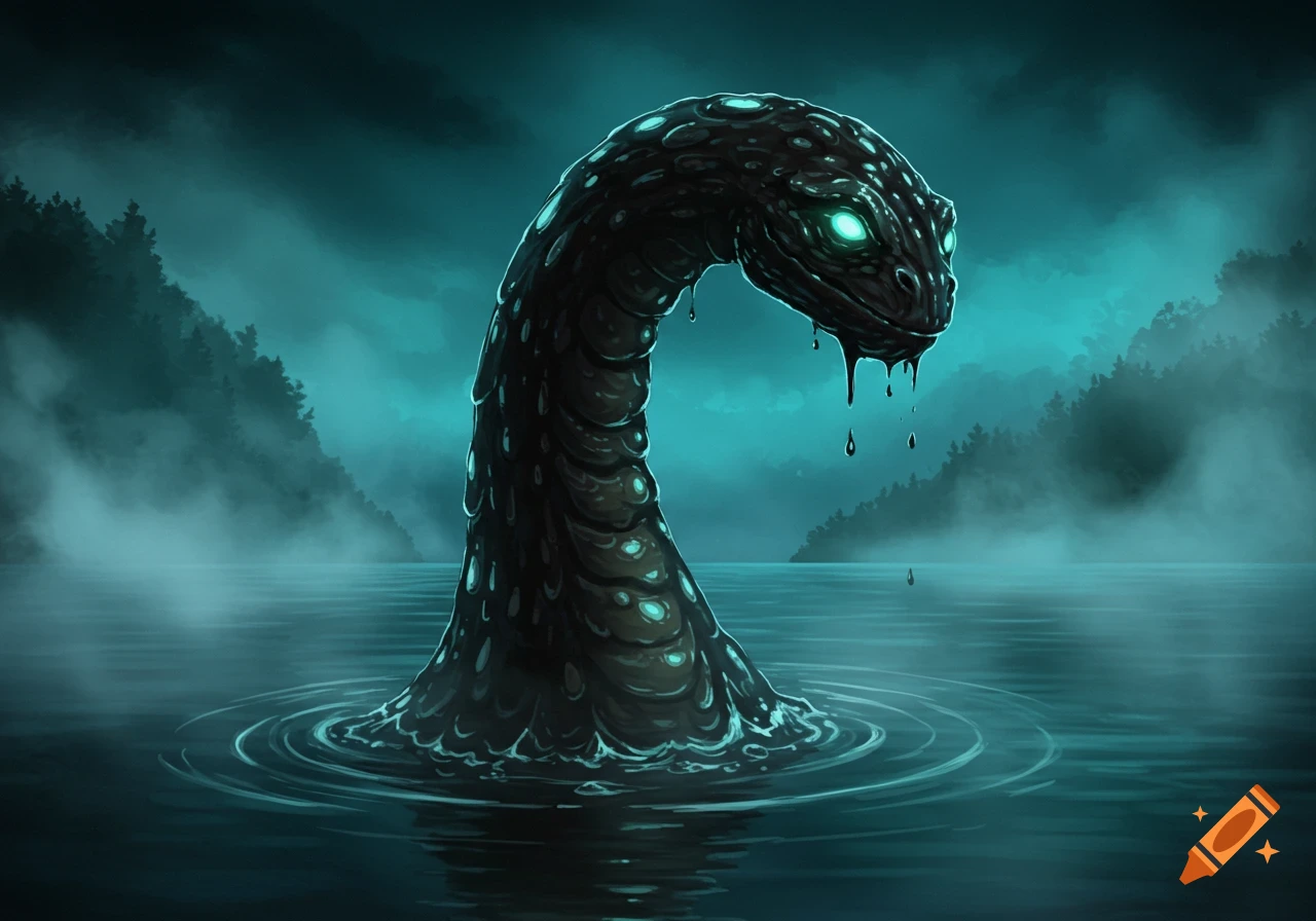 A dark, goopy, serpent-like monster with glowing eyes emerges from a misty lake surrounded by shadowy forests.