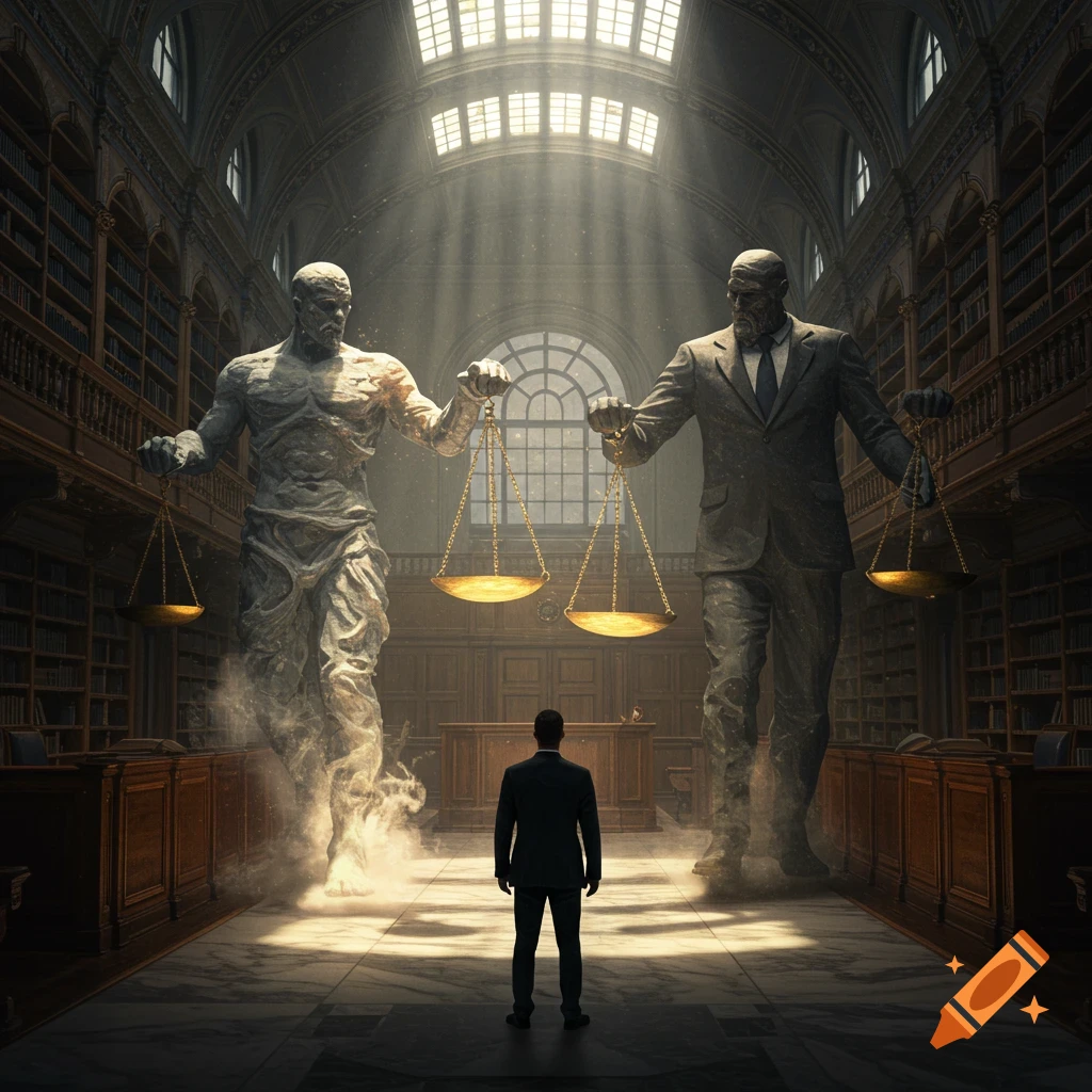 A man stands in a grand, sunlit courtroom between two colossal stone statues holding scales of justice, one rough and one in a suit.